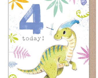 Kids Birthday Card - Age 4 - 'Totally Roarsome' range - Cute Dinosaur illustration - Parasauralophus - TR04