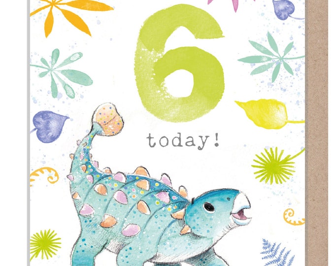 Kids Birthday Card - Age 6 - 'Totally Roarsome' range - Cute Dinosaur illustration - Ankylosaurus - TR06