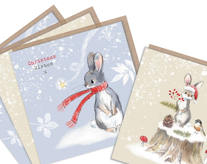 Pack of 4 Quality Christmas Cards  - 150 x 150mm - Cute Rabbit illustrations - 'Bucklebury wood' range- Made in UK -  BWX01/BWX03