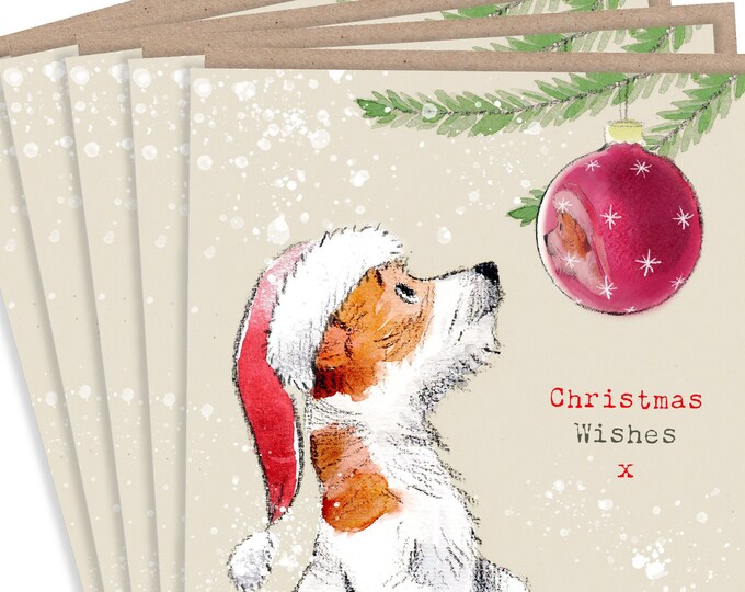 5 Quality Christmas Cards - 1 design 5 Cards - 150 x 150mm - dog cards - Charming Jack Russell illustration- Made in UK -no plastic