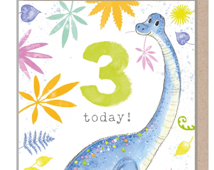 Kids Birthday Card - Age 3 - 'Totally Roarsome' range - Cute Dinosaur illustration - Diplodocus - TR03