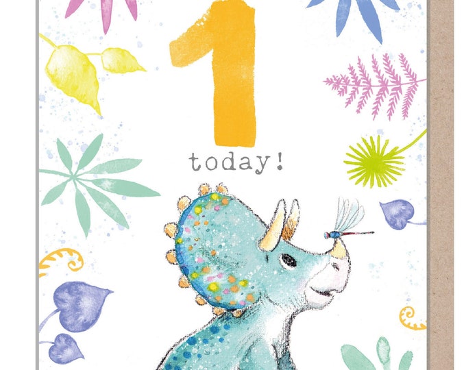 Kids Birthday Card - Age 1 - 'Totally Roarsome' range - Cute Dinosaur illustration - Triceratops - TR01