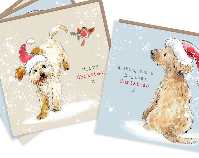 Quality Christmas Card Pack - 2 design - 4 cards - 150 x 150mm - Cockerpoo/Labradoodle Illustrations - made in UK - No plastic Packaging