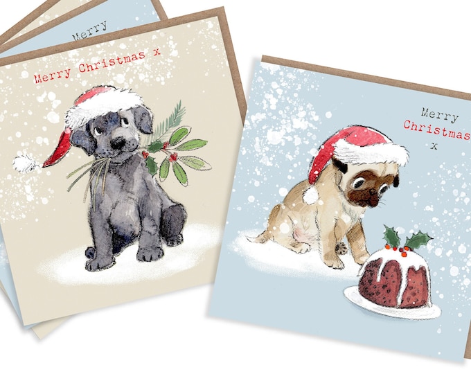 Quality Christmas Card Pack - 2 designs - 4 cards - 150 x 150 mm- Charming Pug and Black Labrador Illustrations - made in UK - No plastic