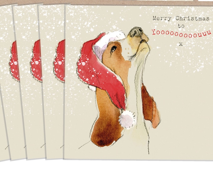 5 Quality Christmas Cards - 1 design 5 Cards  - 150 x 150mm - dog cards - Charming Basset illustration - Howling dog- Made in UK