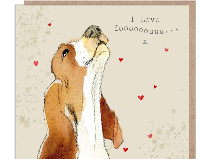 Anniversary - I love you -Quality Greeting Card - Charming illustration - 'Absolutely barking' range - Basset Hound - Made in UK -  ABE013