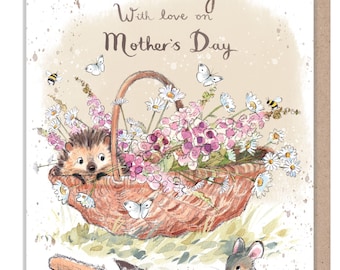 Nanny - Mothers Day Card - Quality Card - Hedgehog in Flower basket - 'Morris and Maude' range - Made in UK -  MMMD02
