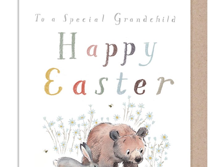 To a Special Grandchild - Easter Card, Quality Greeting Card, 'the Bear, the Hare & the Mouse', Charming Illustrations, made UK, BHMEASTER02