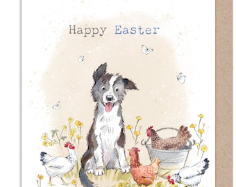 Easter Card - Quality Greeting Card - Charming illustration - 'Buttercup Farm' range - Collie Dog and hens  - Made UK -  BFEASTER03