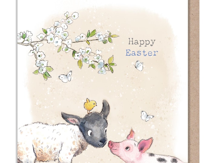 Easter Card - Quality Greeting Card - Charming illustration - 'Buttercup Farm' range - Lamb and piglet - Made UK -  BFEASTER02