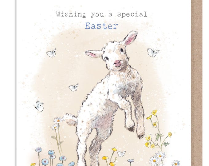 Easter Card - Quality Greeting Card - Charming illustration - 'Buttercup Farm' range - Jumping Lamb - Made UK -  BFEASTER01