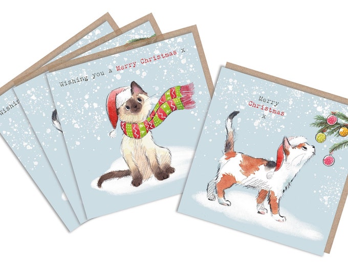 Pack of 4 Quality Christmas Cards - 150 x 150mm - Charming Cat illustrations - 'Pawsitively Purrect' range  - Made in UK - XPP01/XPP03