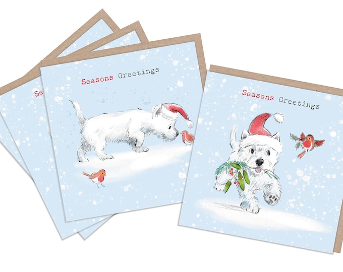 Quality Christmas Card Pack - 2 design - 4 cards - 150 x 150mm - Westie Illustrations - made in UK - No plastic Packaging