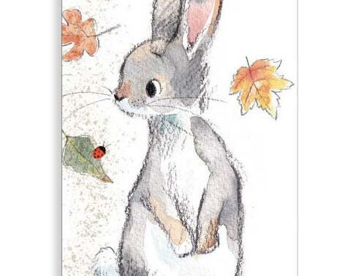 Bookmark with Ribbon - Rabbit with ladybird and leaves Illustration BM02