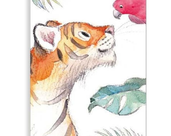 Bookmark with Ribbon - Tiger with Parrott and foliage Illustration BM03