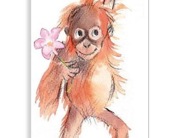 Bookmark with Ribbon - Orangutan with pink flower Illustration BM06