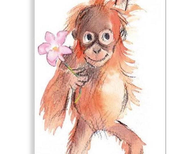 Bookmark with Ribbon - Orangutan with pink flower Illustration BM06