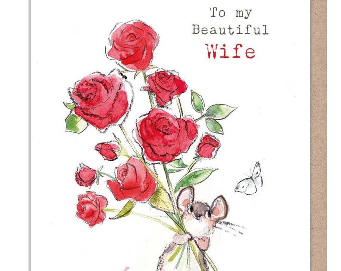 Wife Anniversary |Card,  Cute Mouse with flowers Illustration BWE036