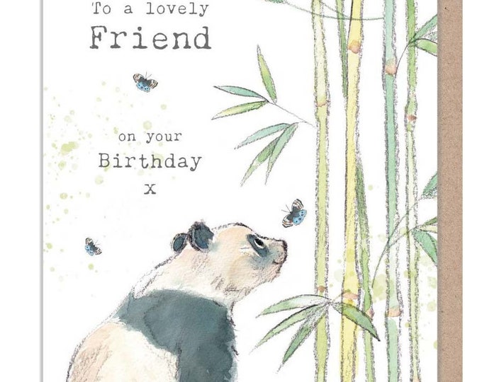 Friend Birthday Card - Charming illustration - Panda with bamboo - 'Wonderfully Wild'  range - Made in UK -  WWE022