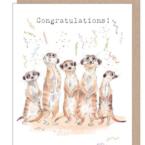 Cartão de parabéns Meercats - Ilustração encantadora - Meercats com serpentinas25 - Linha 'Wonderfully Wild' - Fabricado no Reino Unido - WWE025