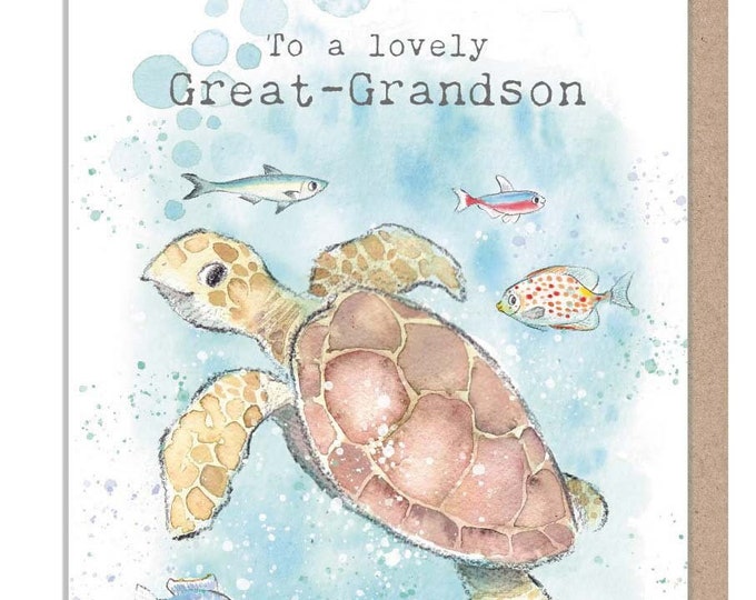 Great Grandson Birthday -  Quality greeting Card - Turtle illustration with fish- 'by the Seashore' range - made in UK  - SEA08