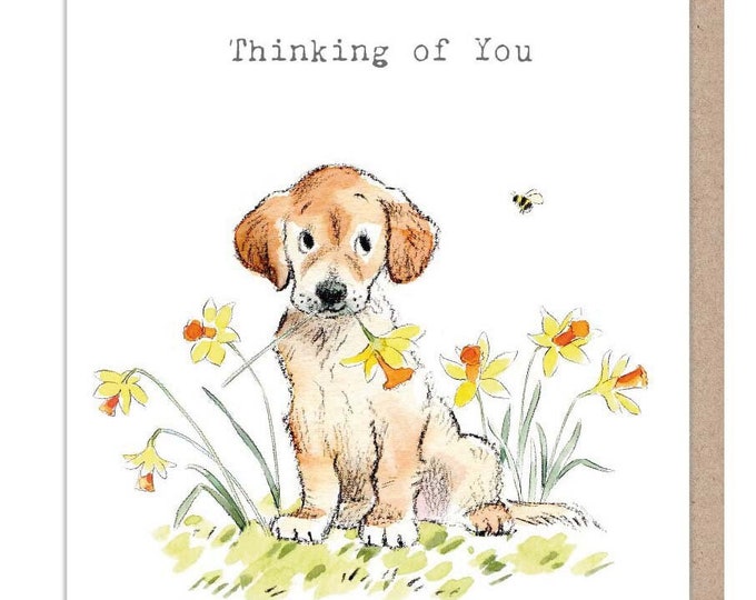 Thinking of you Card - Golden Labrador with Daisies Illustrations ABE095