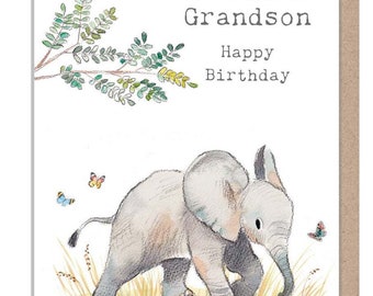 Grandson Birthday Card - Charming illustration - Elephant - 'Wonderfully Wild'  range - Made in UK -  WWE020