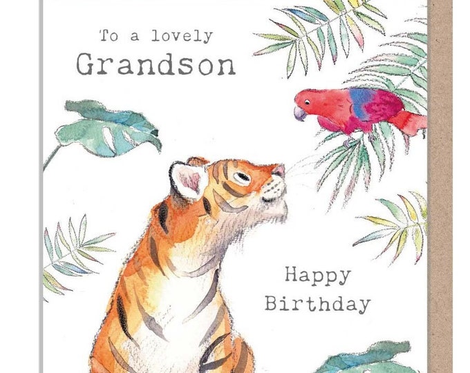 Grandson Birthday Card - Charming illustration - Tiger and Parrot - 'Wonderfully Wild'  range - Made in UK -  WWE019