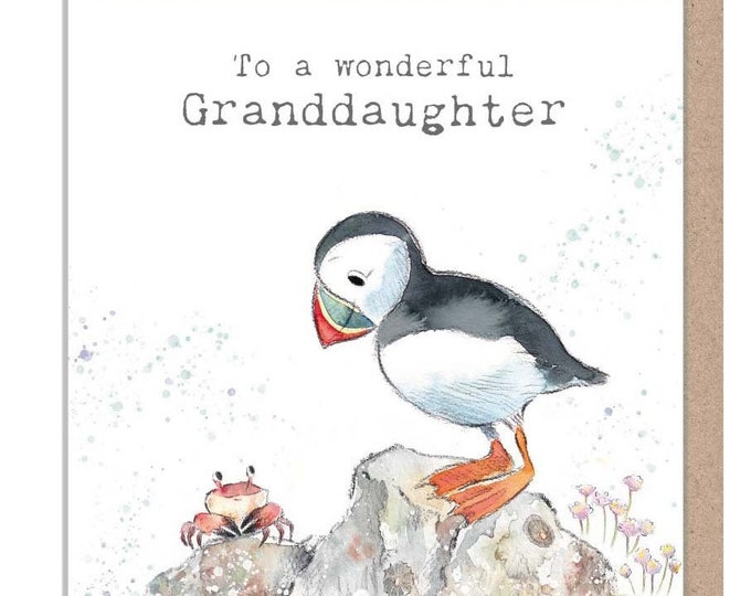 Grand daughter Birthday - Quality greeting Card - Puffin and Crab illustration - 'by the Seashore' range - made in UK  - SEA07