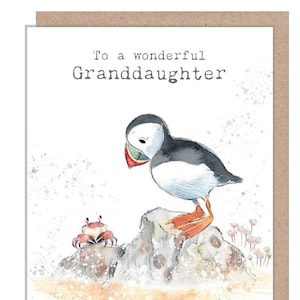 Grand daughter Birthday - Quality greeting Card - Puffin and Crab illustration - 'by the Seashore' range - made in UK  - SEA07