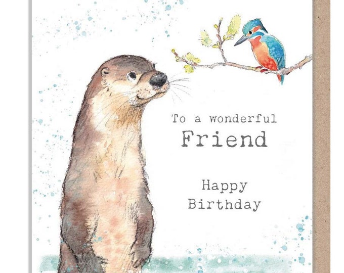 Friend Birthday Card - Otter and kingfisher illustration - 'Down by the river' range - made in UK  - RIV09