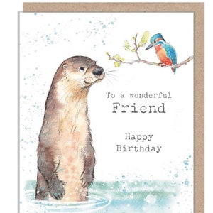 Cartão de aniversário de amigo - ilustração de lontra e martim-pescador - linha 'Down by the river' - fabricado no Reino Unido - RIV09
