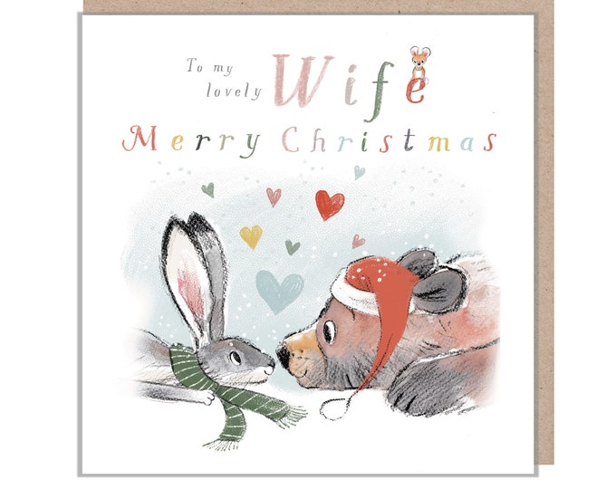Wife Christmas Card, 'the Bear, the Hare, and the Mouse', Cute heart warming  Bear Illustration, Bear holding Holly, made in UK, BHMX09