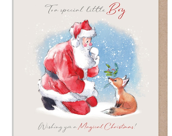 To a special little Boy - Quality Christmas Card - 150 x 150mm - Charming Santa and Fox  illustration - 'Wintery Tails'  range  - WT08