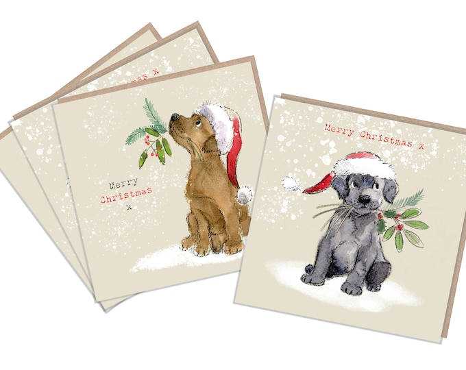 4  Quality Christmas Cards  - 2 design - 4 cards  - Labrador Illustrations - made in England - No plastic Packaging