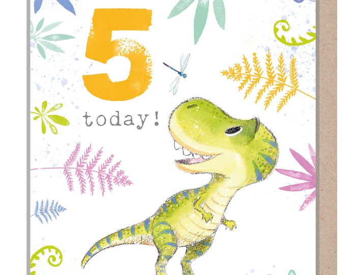 Kids Birthday Card - Age 5 - 'Totally Roarsome' range - Cute Dinosaur illustration - Tyrannosaurus - TR05