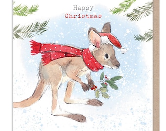 Happy Christmas - Quality Christmas Card - 150 x 150mm - Charming Kangaroo illustration - 'Wonderfully Wild'  range - Made in UK -  WWX05