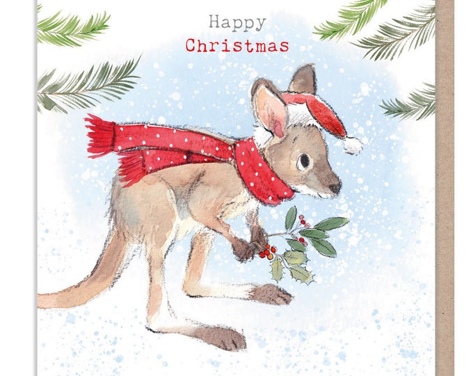 Happy Christmas - Quality Christmas Card - 150 x 150mm - Charming Kangaroo illustration - 'Wonderfully Wild'  range - Made in UK -  WWX05