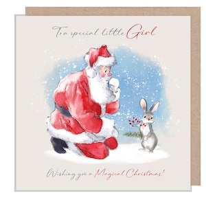 An ein besonderes kleines Mädchen - Hochwertige Weihnachtskarte-150 x 150mm - Weihnachtsmann mit Kaninchen Illustration - 'Winterliche Schwänzchen' Reihe - Made in UK - WT09