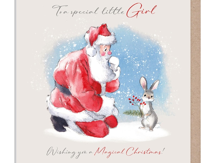 To a special little Girl - Quality Christmas Card-150 x 150mm - Santa with Rabbit illustration - 'Wintery Tails'  range - Made in UK - WT09