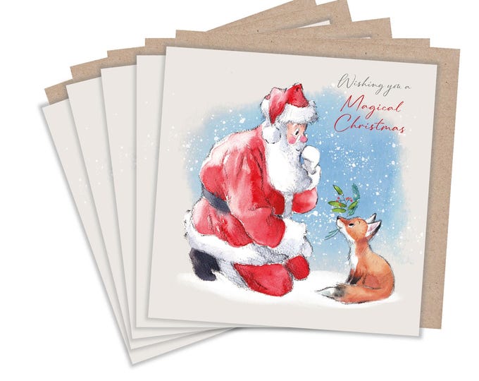 Christmas Card pack 5 small quality cards with brown recycled envelopes -125 x 125mm-  one design - Santa and Fox - XPACK012