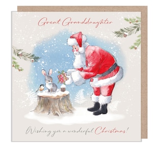 Bisneta - Cartão de Natal de qualidade - 150 x 150 mm - Ilustração de Papai Noel com pacote - Linha 'Wintery Tails' - Fabricado no Reino Unido - WT014