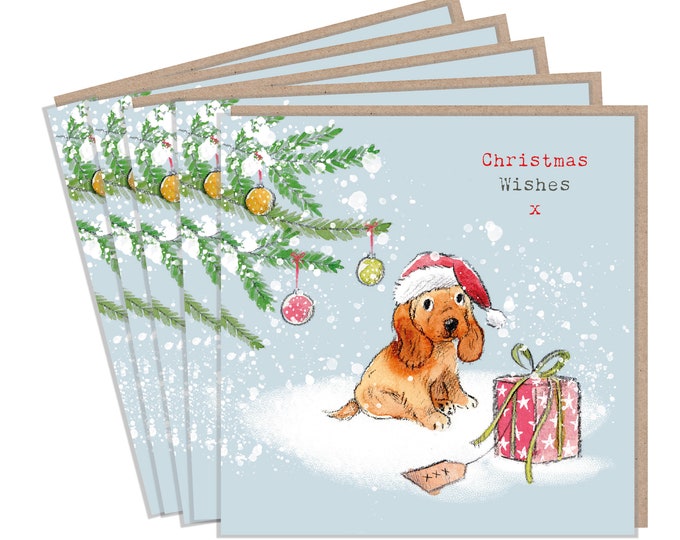 5 Quality Christmas Cards - 1 design 5 Cards  - Christmas Card pack - dog cards -Cocker spaniel illustration- Made in UK -no plastic