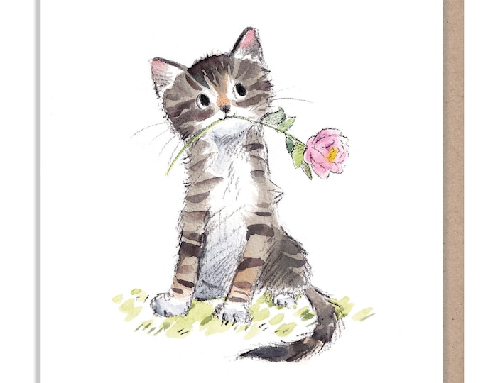 Cat Card - Quality Blank Greeting Card - Charming illustration - 'Pawsitively Purrect' range - Cat with flower - Made in UK - EPP011