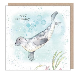 Robbe - Happy Birthday - Hochwertige Grußkarte - Robbe Unterwasser Illustration - 'by the Sea Shore' - made in UK - SEA04