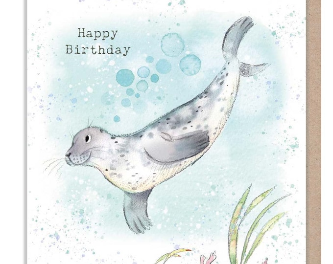 Seal - Happy Birthday - Quality greeting Card - Seal underwater illustration - 'by the Seashore' range - made in UK  - SEA04