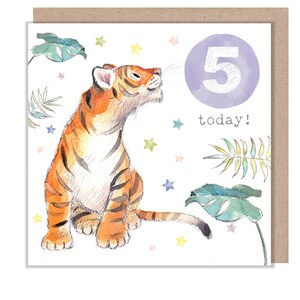 Cartão de aniversário de 5 anos - Ilustração encantadora - Tigre, linha 'Party Time' - Fabricado no Reino Unido - PTAGE05