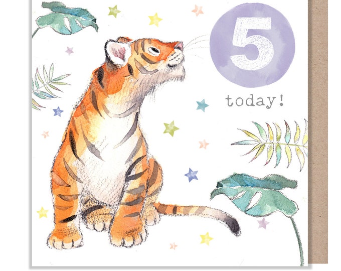 AGE 5 Birthday Card -  Charming illustration - Tiger,  'Party Time'  range - Made in UK -  PTAGE05