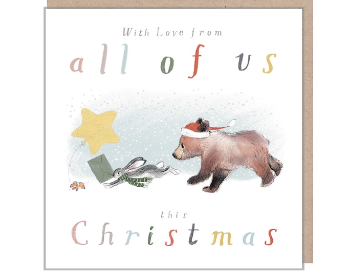 From all of us, Quality Christmas Card, 'the Bear, the Hare, and the Mouse', Cute heart warming  Bear Illustration, made in UK, BHMX02