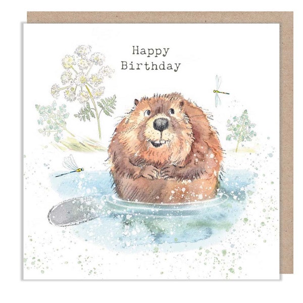 Beaver- Happy Birthday - Quality Greeting Card - Beaver  illustration - 'Down by the river'  range - Made in UK -  RIV02